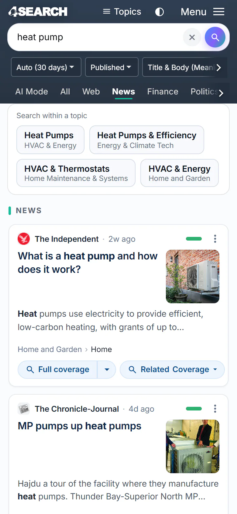 A News search on a phone: the search box, the filter row and the tabs (the last two slide sideways), and the first results